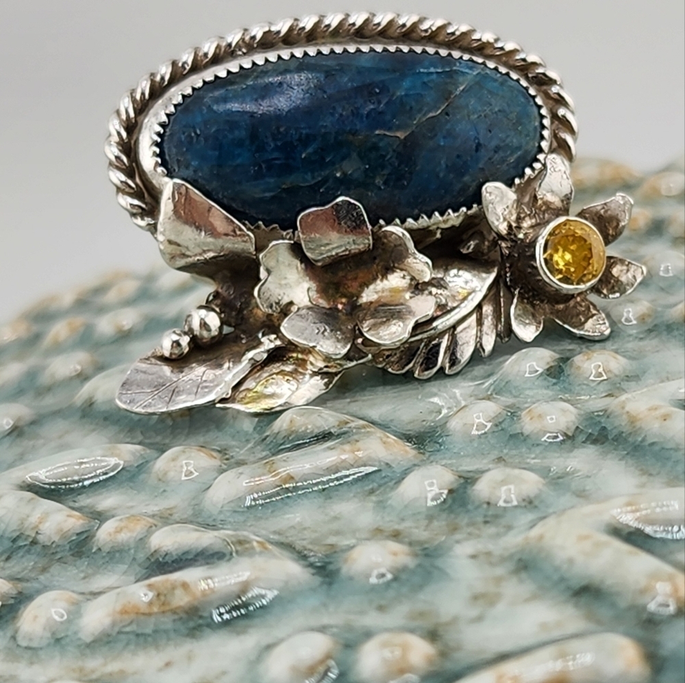 BLUE APATITE & CITRINE FLORAL RING HANDMADE IN RECYCLE STERLING SILVER SZ 8
